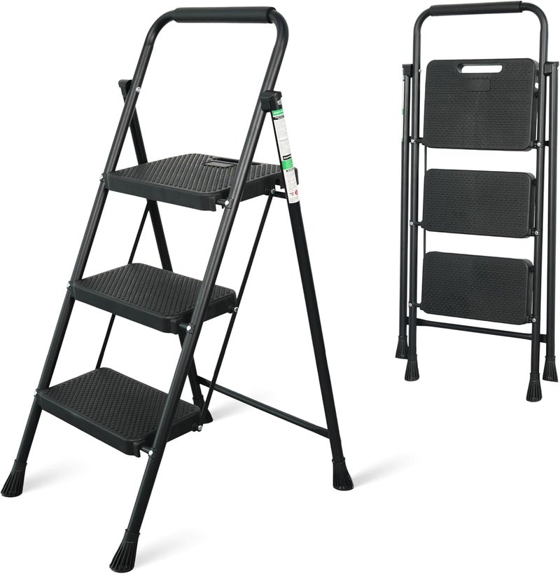 Arbusb 3 Step Ladder, Portable Steel Folding Step Stool with Wide Anti-Slip Pedal & Convenient Handgrip, 500lbs Sturdy Steel Ladder, Black - Image 1